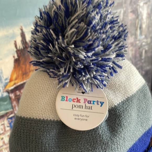 NWT Britt’s Knits Kid’s Block Party Pom Hat Blue Grey White Cozy Lining Ages 3+ - Picture 2 of 6